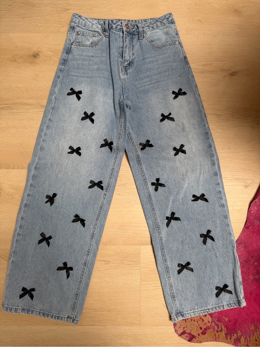 Light Blue Kids Straight-Leg Jeans with Black Bow Appliqués